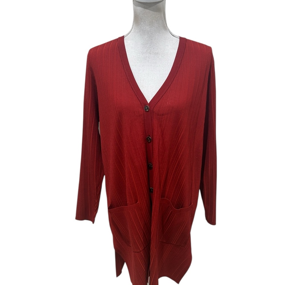 Chico's  button down rusty Red V-Neck duster ribbed Cardigan pockets medium